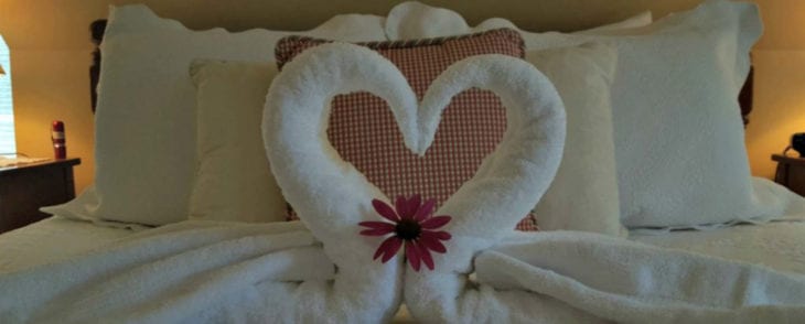 Towels folded into Heart Shaped Swans on Room twelve's bed